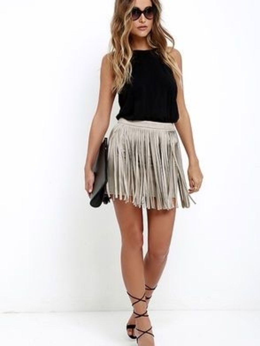 BB Dakota Pearl Fringe Skirt Tan Faux Suede Boho Festival Rodeo- 2